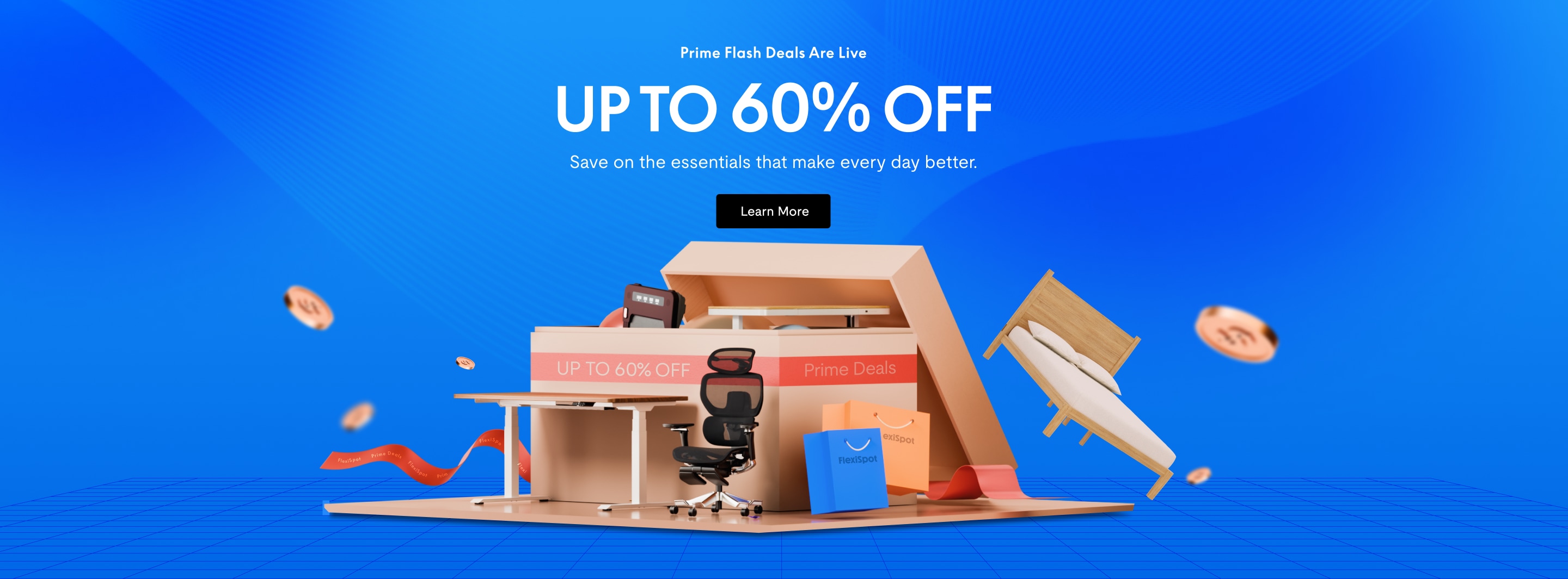UP TO 60% OFF on ergonomic office chairs, height-adjustable desks, and wooden beds; Prime Flash Deals live now.
