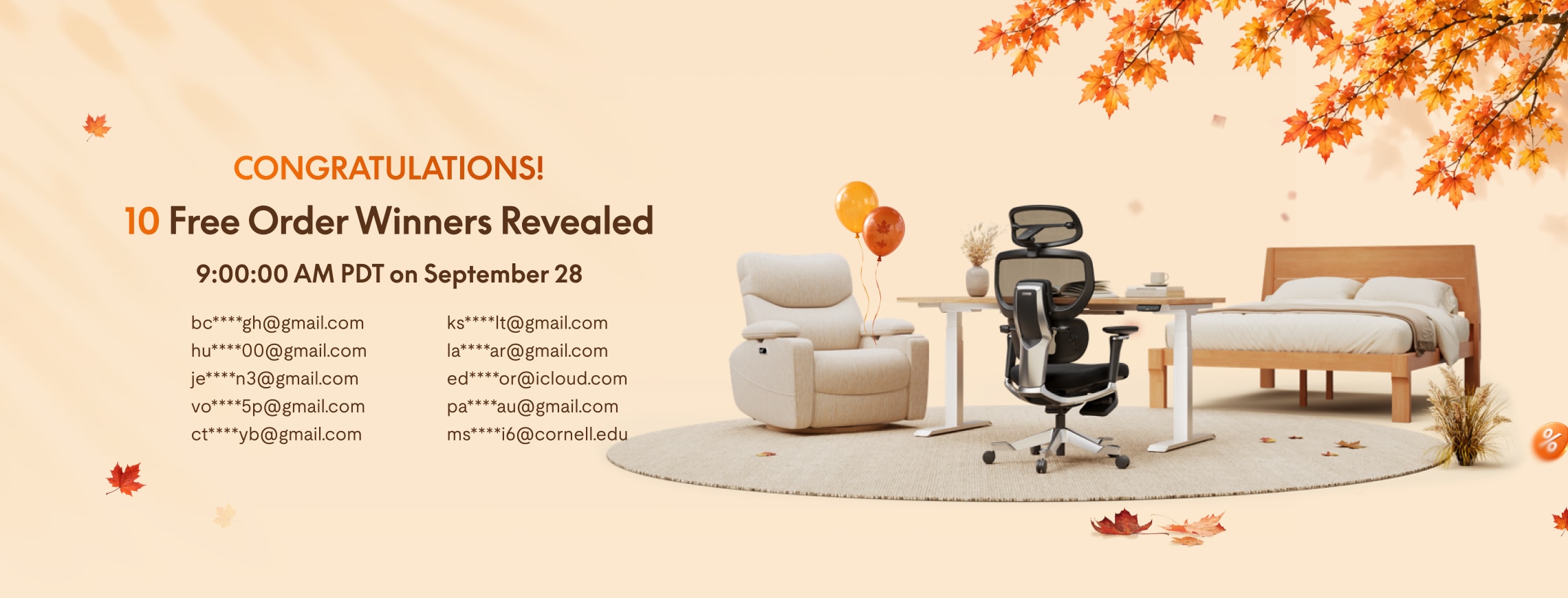 Congratulations banner announcing 10 free order winners, featuring email addresses, with a cozy setup of a recliner, ergonomic chair, desk, and wooden bed in a fall-themed decor.
