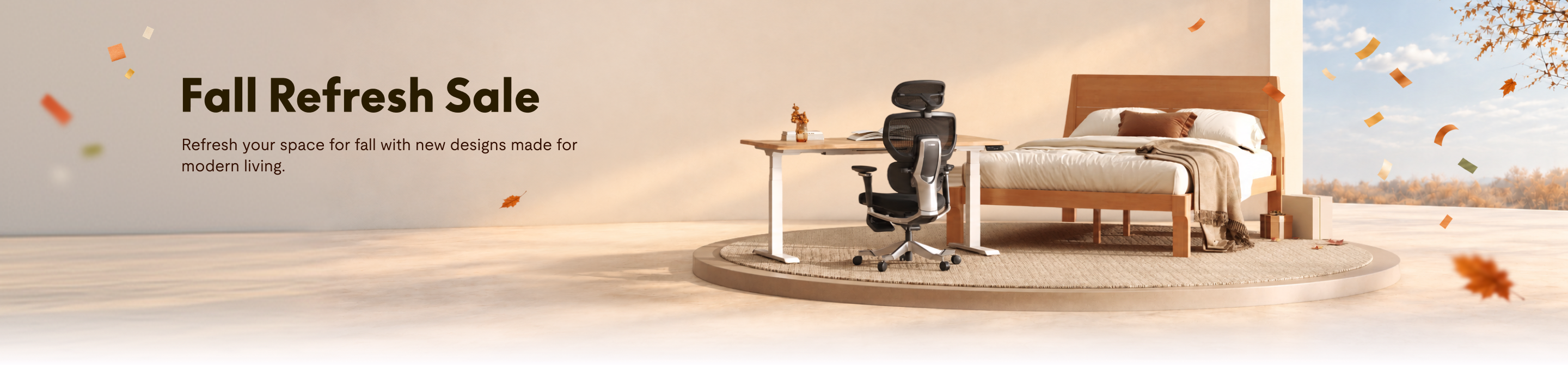 Fall Refresh Sale banner featuring a modern bedroom setup with a wooden bed, white bedding, ergonomic office chair, and desk on a round rug.