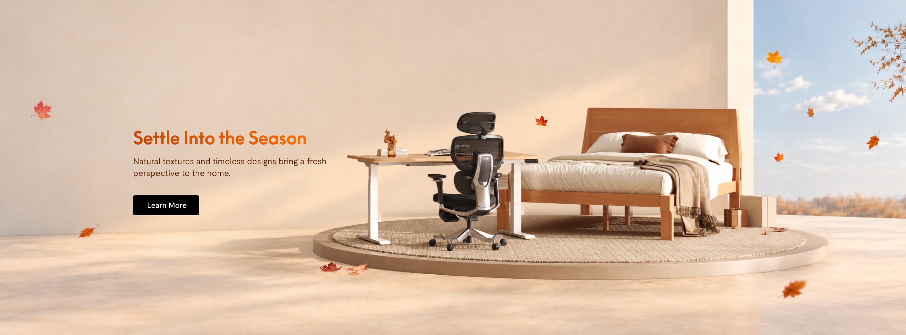 Modern wooden bed with white bedding and beige throw blanket, ergonomic black office chair, and adjustable desk on a circular rug in a cozy autumn-themed setting.
