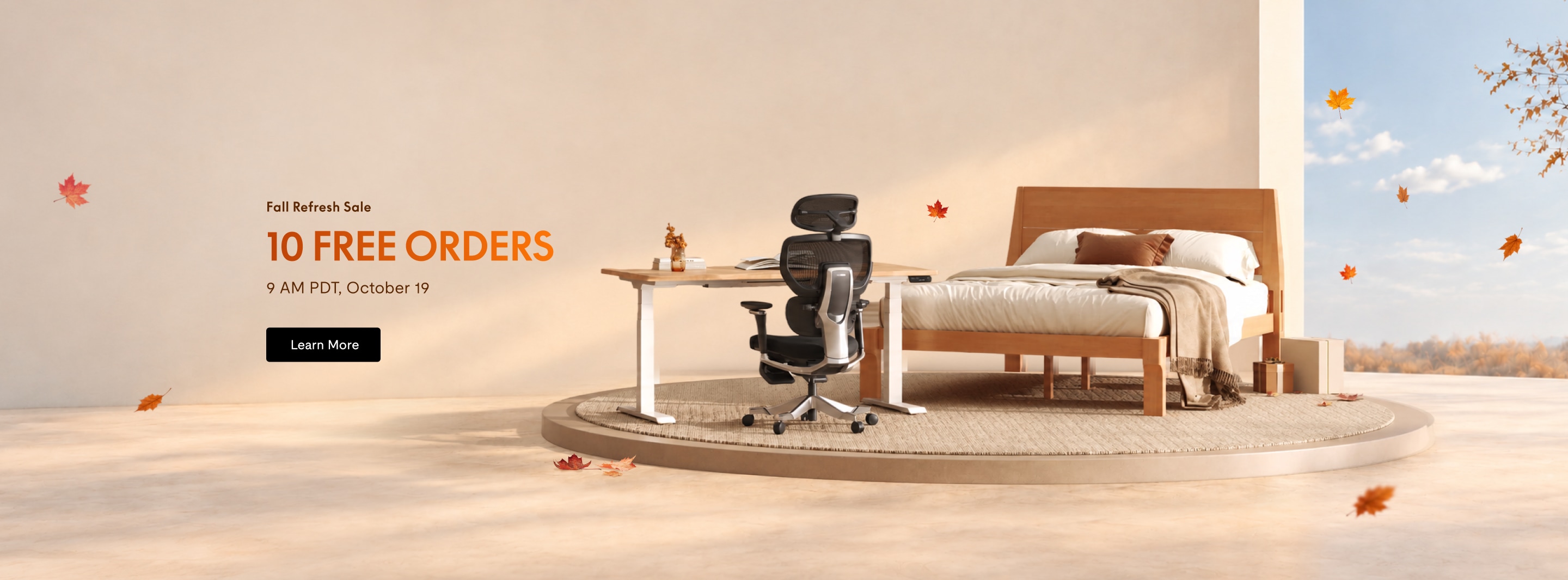 Modern bedroom setup with a wooden bed, ergonomic office chair, and standing desk on a round platform; fall-themed promotion offering "10 Free Orders" starting 9 AM PDT, October 19.