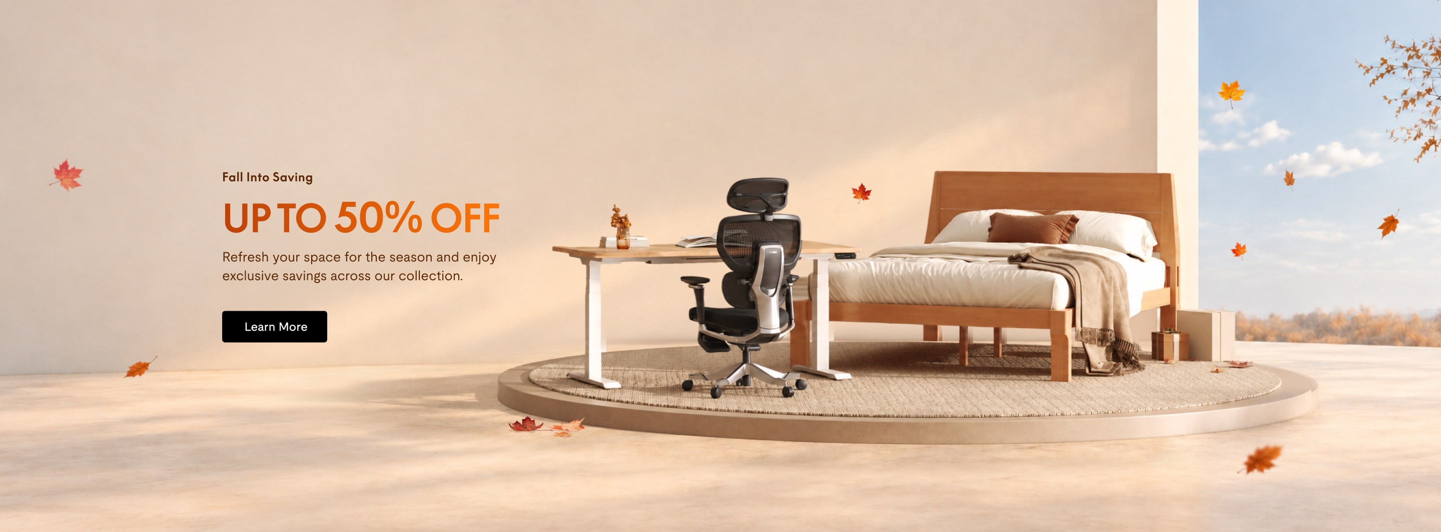 Up to 50% off fall furniture sale featuring a wooden bed frame, ergonomic chair, and desk on a round rug in a cozy autumn-themed setting.