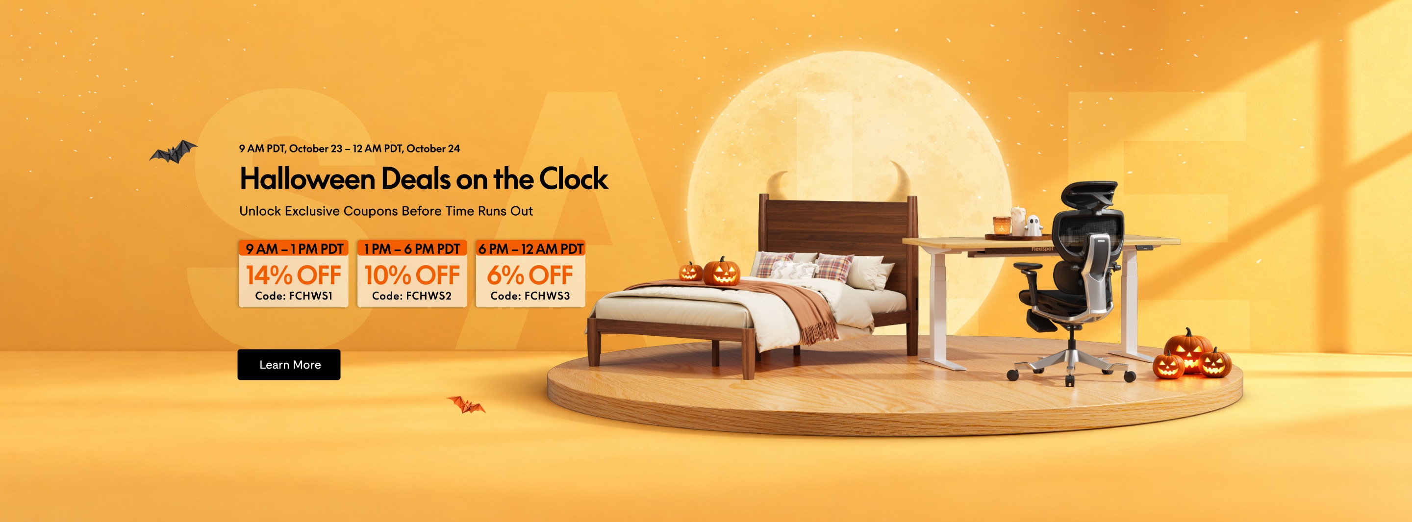 Halloween furniture sale with discounts: 14% off, 10% off, and 6% off at specific times. Wooden bed, ergonomic chair, and pumpkins on an orange background.