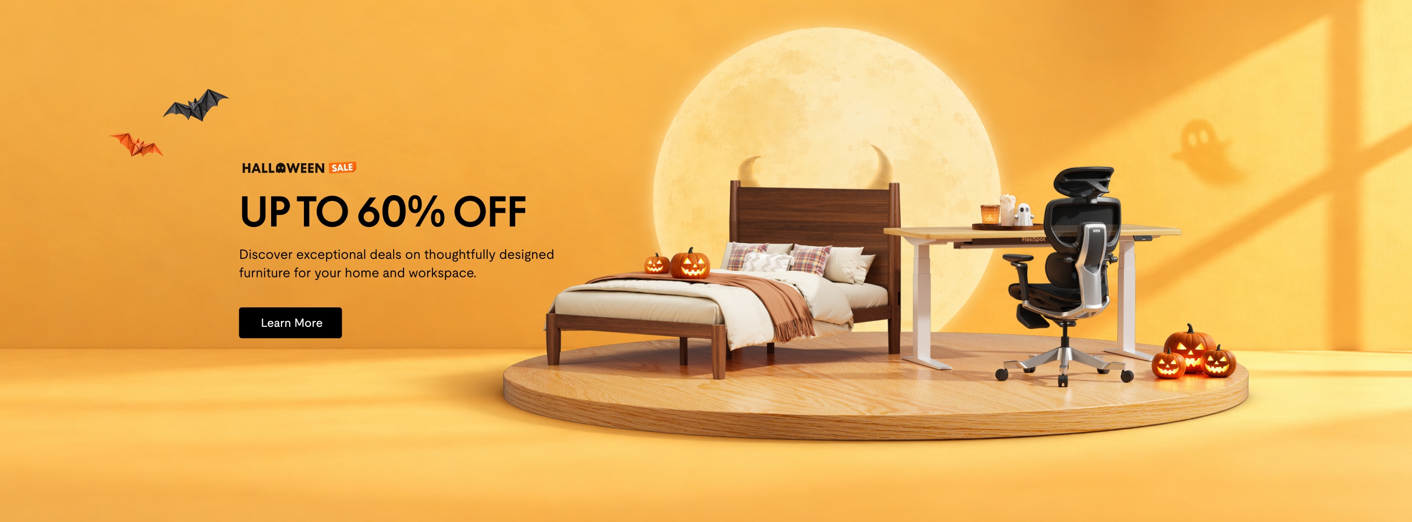 Halloween sale banner with up to 60% off on home and workspace furniture, featuring a wooden bed, ergonomic office chair, and pumpkins on a warm orange background.