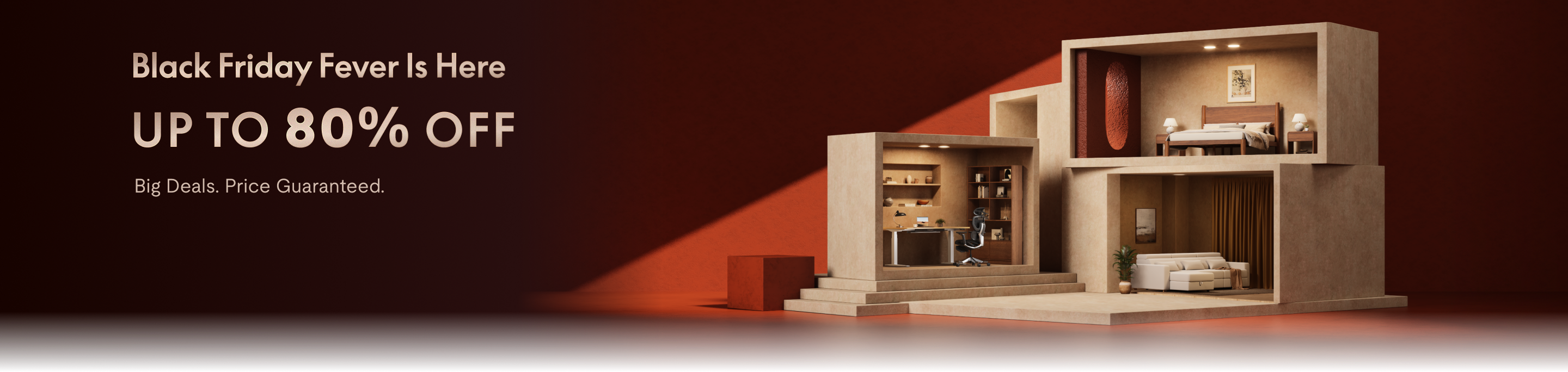 Black Friday sale banner with text "Up to 80% Off" over a 3D modular home interior featuring a study, bedroom, and living room on a red background.