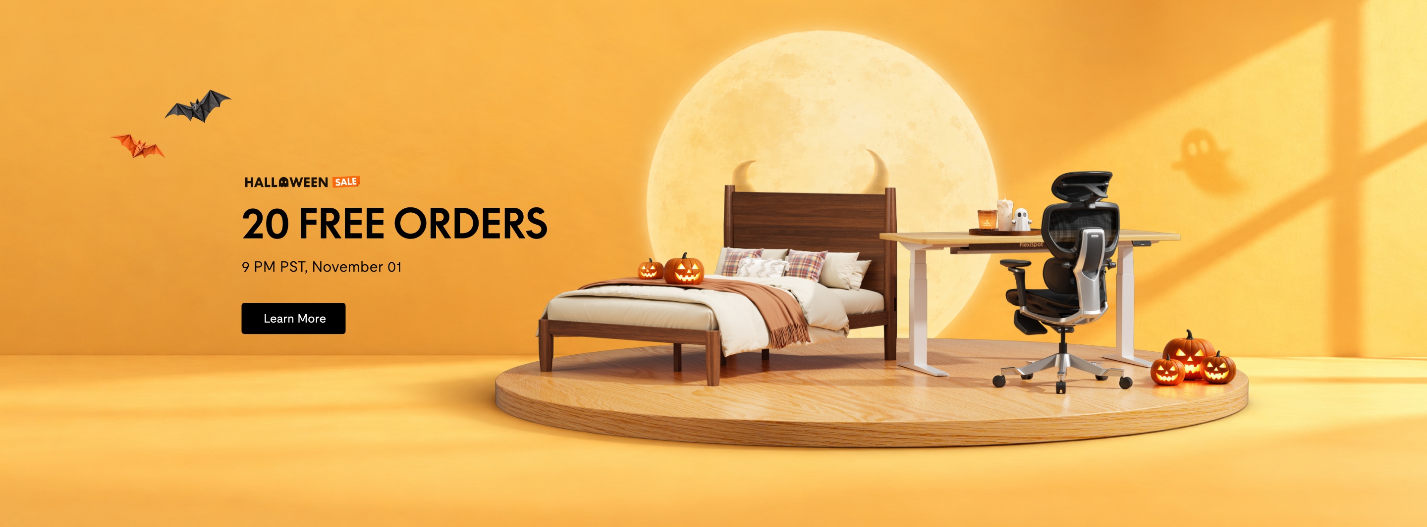 Halloween sale promotion with 20 free orders, featuring a wooden bed, ergonomic office chair, desk, and festive pumpkins on a yellow background.